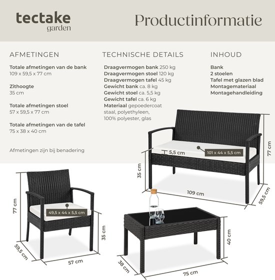 tectake® Tuinset 4 persoons - 2 Tuinstoelen - Tuintafel - Tuinbank - Wicker - Zwart - Geschikt voor tuin, balkon, terras, lounge of serre - Weer- en UV-bestendig