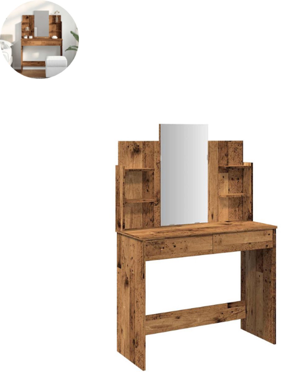 GranMaison Kaptafel met spiegel - Make up tafel - Make up - Toilettafel - Met lades - Oud Hout
