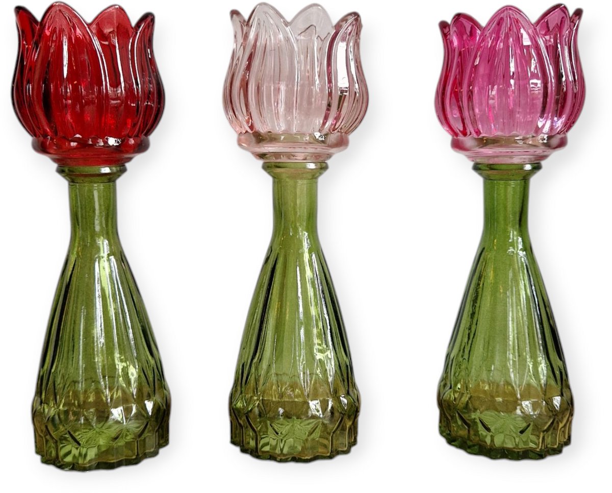 Daan Kromhout - Waxine houders - Kaarsenhouders - Set van 3 - Tulp - Glas - Roze mix - 7x22cm