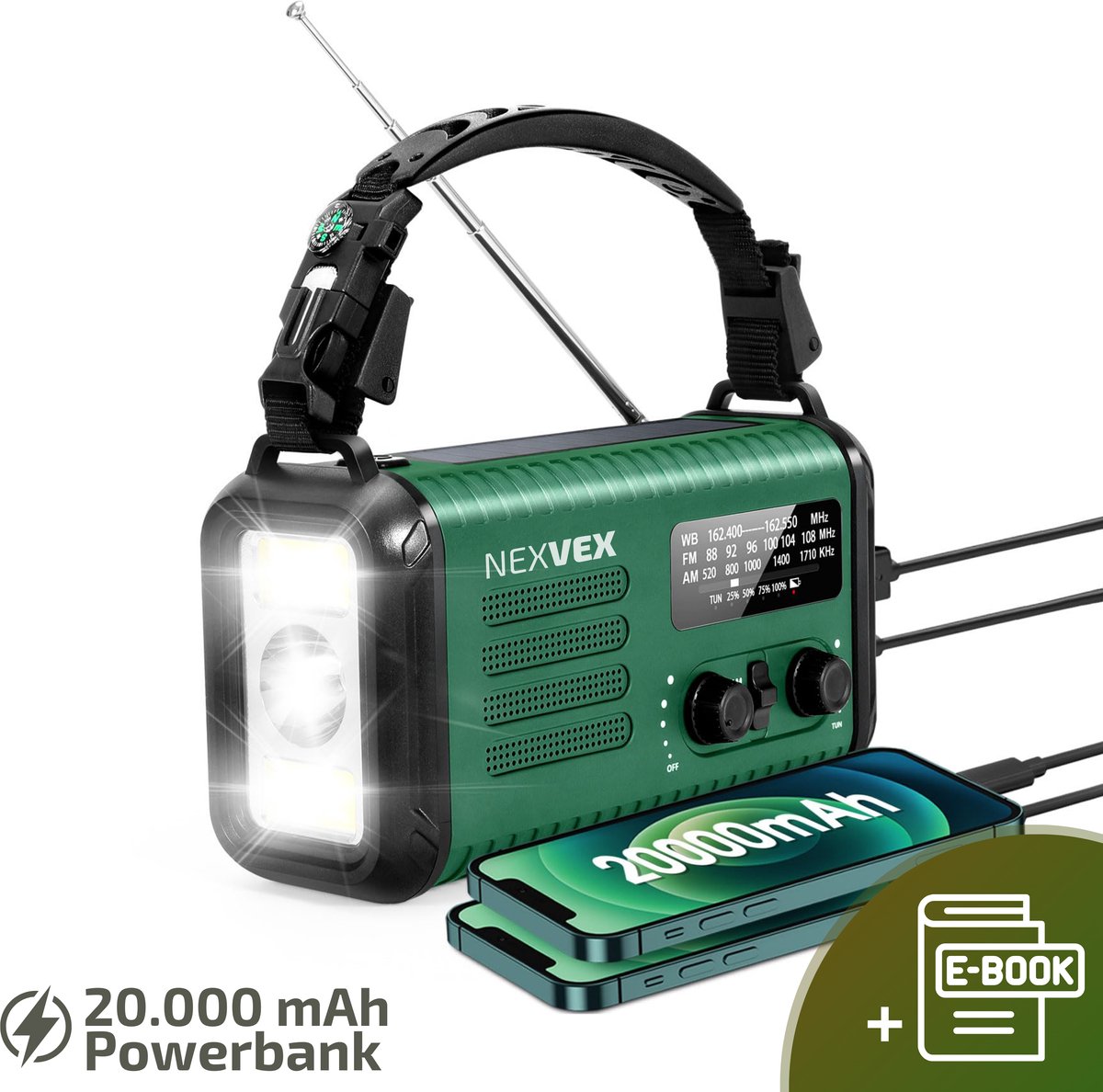 Nexvex® Pulse 2X Noodradio Powerbank 20000mAh - Solar Powerbank Zonneenergie - Noodpakket - Survival Kit Kamperen - Militaire Zaklamp LED Oplaadbaar - Draagbare Radio Wandelen - Leeslamp - Nood Kompas - Opwindbaar - Zonnepaneel - Noodrantsoen - Groen