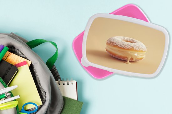 Boîte à lunch rose - Lunchbox Donut - Crémeux - Sucre en poudre - Beige - Boîte à lunch 18x12x6 cm
