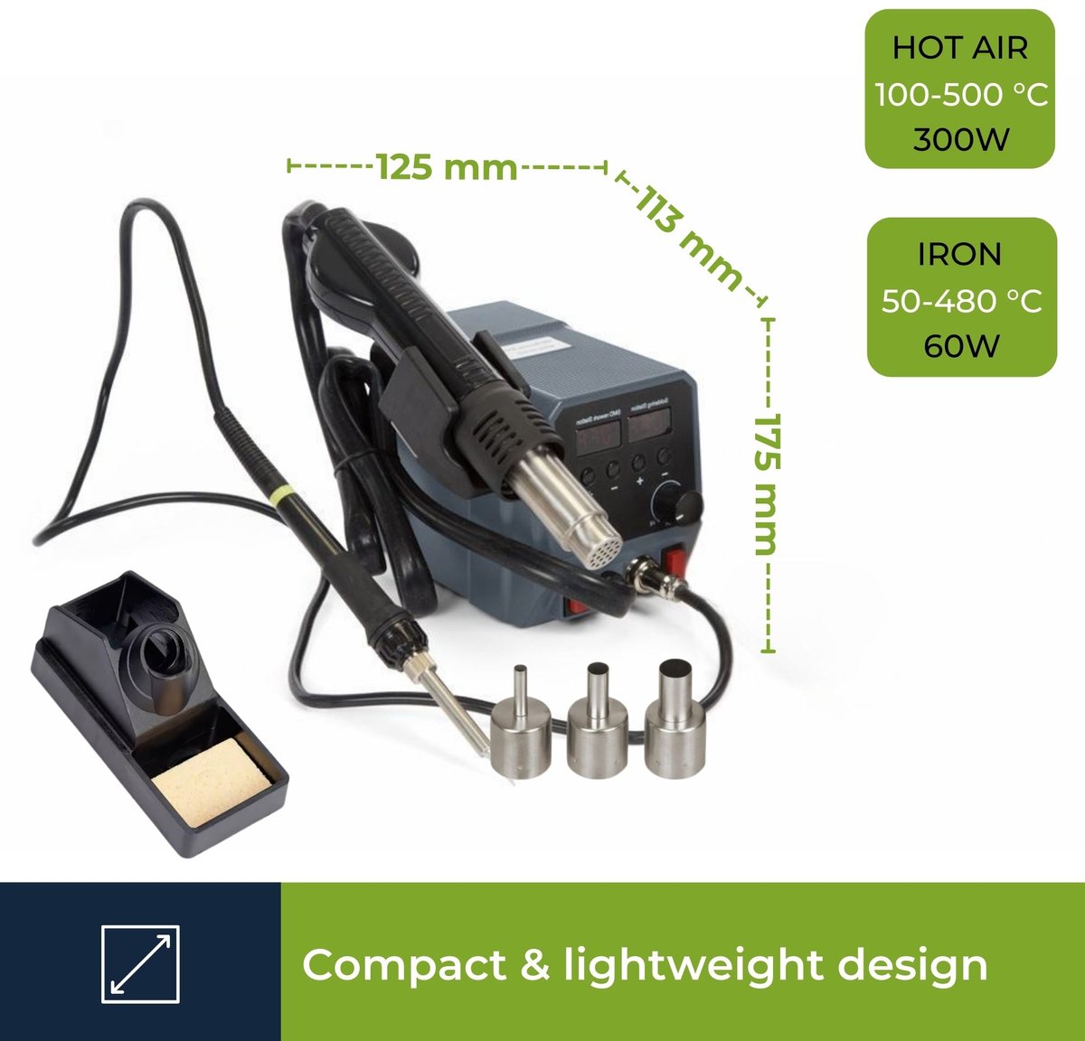 Velleman Soldeerstation, 2-in-1, voor SMD-componenten, multifunctioneel, 60 W + 300 W, temperatuurbereik 50-480 °C + 100-500 °C, grijs – foto 5