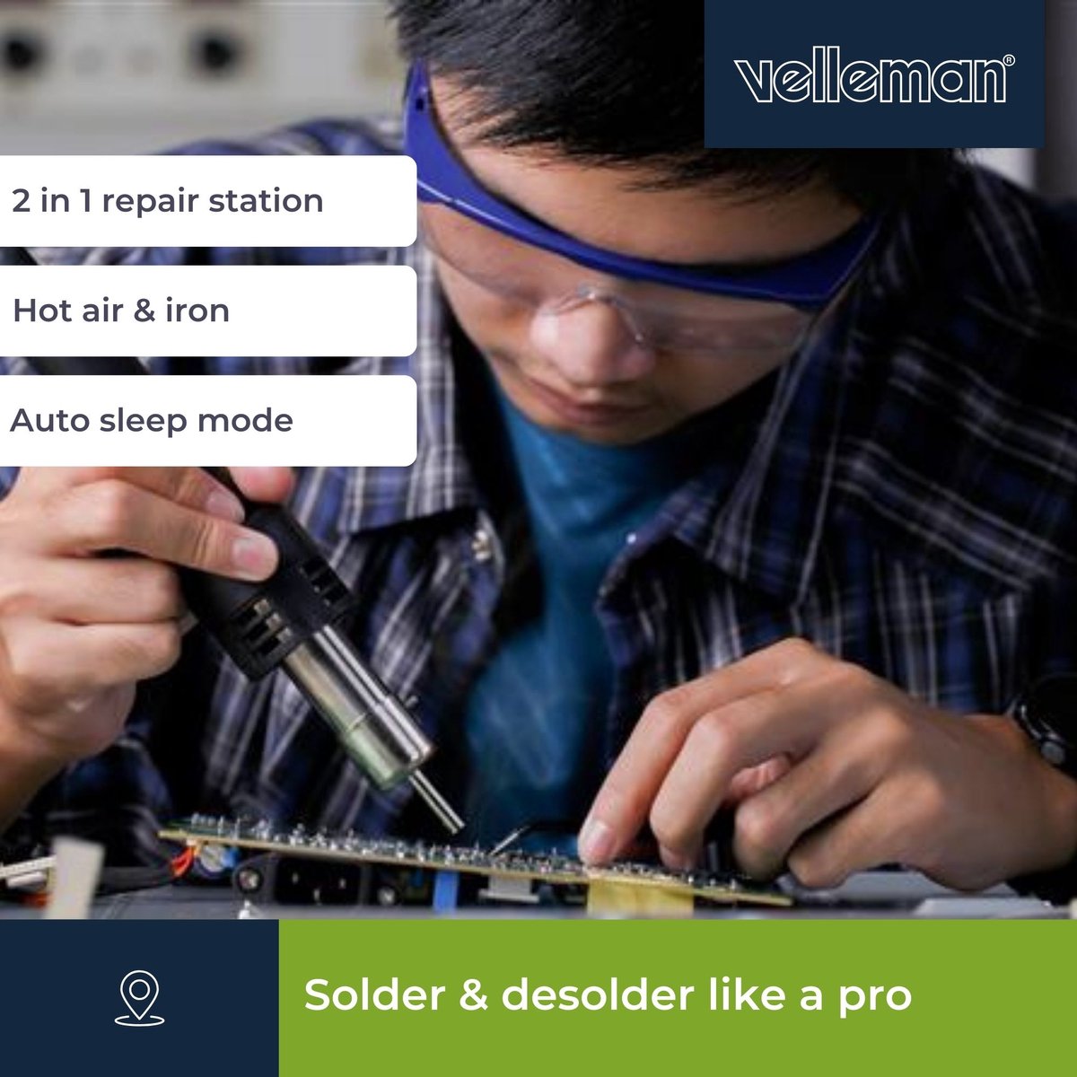 Velleman Soldeerstation, 2-in-1, voor SMD-componenten, multifunctioneel, 60 W + 300 W, temperatuurbereik 50-480 °C + 100-500 °C, grijs – foto 6