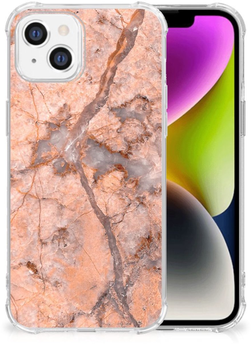 TPU Case Anti-Shock voor iPhone 14 Anti-Shock Hoesje Marmer Oranje