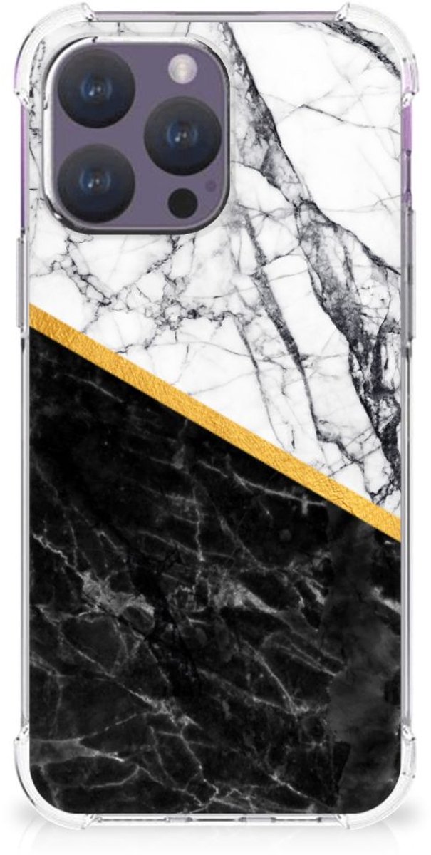 iPhone 15 Pro Max Anti-Shock Hoesje Marmer Wit Zwart - Origineel Cadeau Man