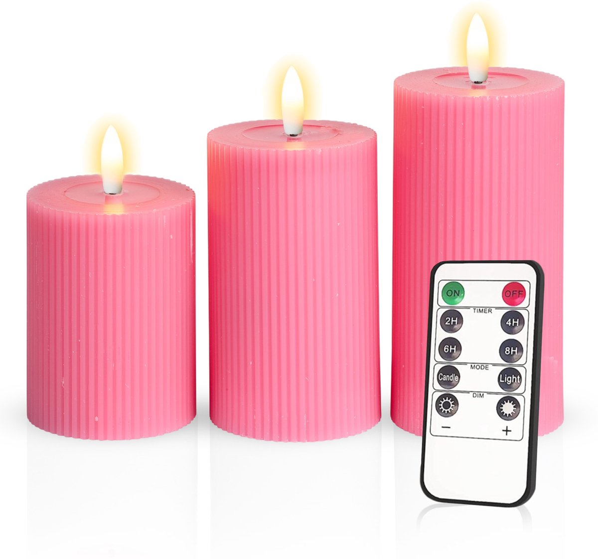Meisterhome – 3 x Led Stompkaars Ribbel - Roze – Stompkaars Echte wax - Led kaarsen - 10 / 12.5 / 15 cm Hoog - Met afstandsbediening – Timer 2/4/6/8 uur - Dimbaar