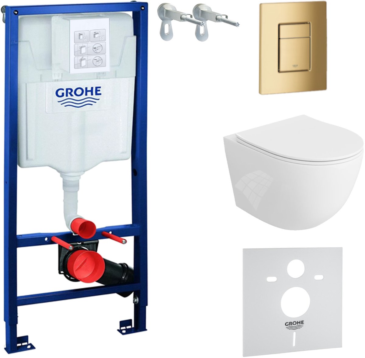 GROHE SOLIDO SINTO - Inbouwreservoir WC - Gouden Skate Cosmopolitan drukplaat - Rimless wandcloset Wit - Toiletset