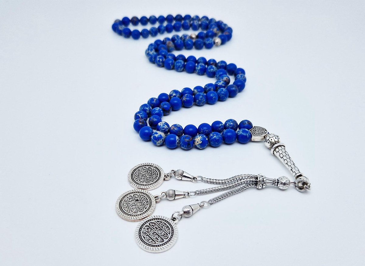 Handgemaakte tesbih "Tasbih" natuursteen " Lapis Lazuli" - Aantal kralen 99 - Diameter kralen 8MM - met metaal tassel "Qustantinia" - Een mooi cadeau-idee
