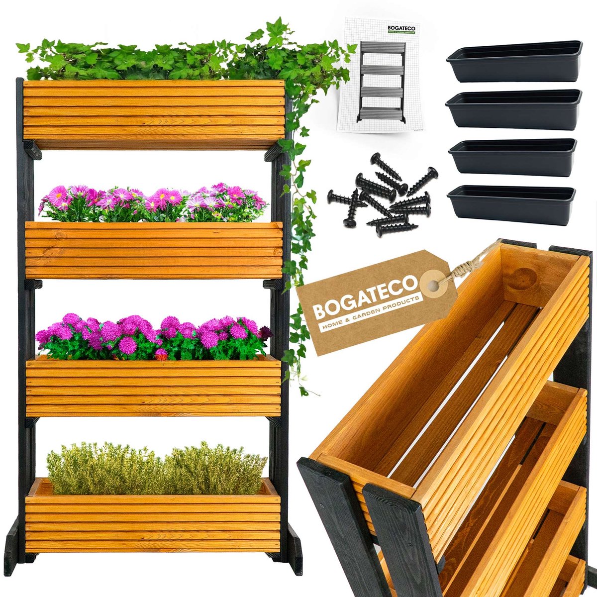 BOGATECO | Set van 4 bloempotten op standaard | Set van 4 bloempot plantenbakken 64x20cm | Houten bloempotten voor tomaten en bloemen, plantenbak voor tuinbalkon | 120cm hoog | Lichtbruin
