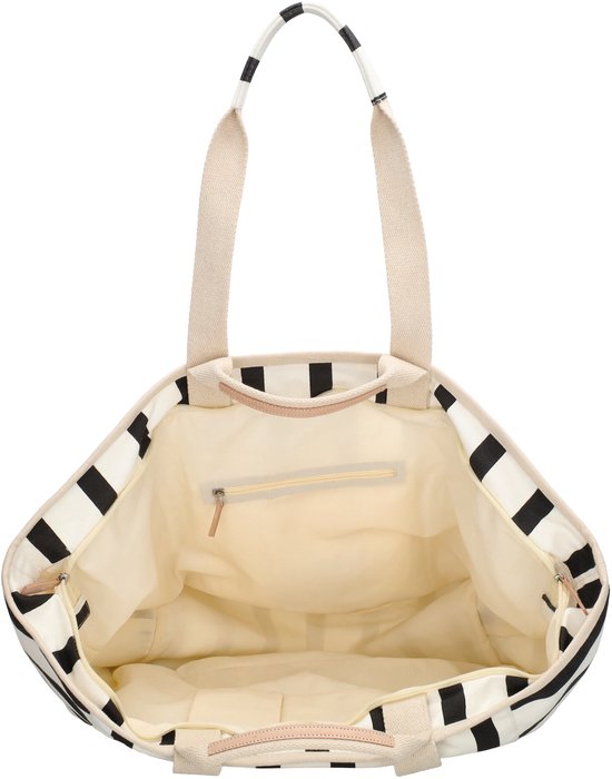 Open gestreepte tas met beige voering en diverse binnenvakken.