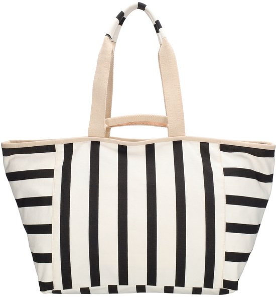 Gestreepte tas met beige schouderbanden en een lichtbruin logo.