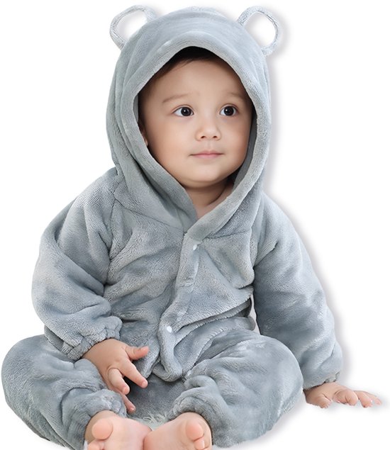 BoefieBoef Grijs Baby Berenpak 0-12 maanden – Zacht Flanel Winterpak - Warme Winter Onesie - Baby Romper met Beren Capuchon - Baby Jumpsuit voor Kinderen - Boxpakje - Pyjama voor Jongens en Meisjes – Kerst cadeau of Kraamcadeau - 1 jaar S