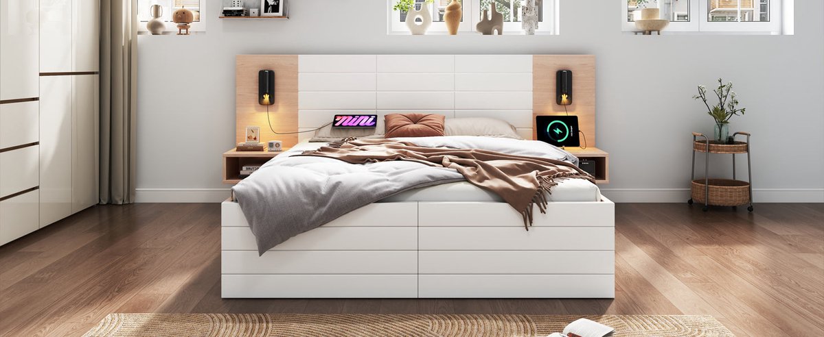 Merax Lit Double 140x200 cm avec Tête de Lit et Rangements, Chargeur Merax Lit Double 140x200 cm avec Tête de Lit et Rangements, Chargeur