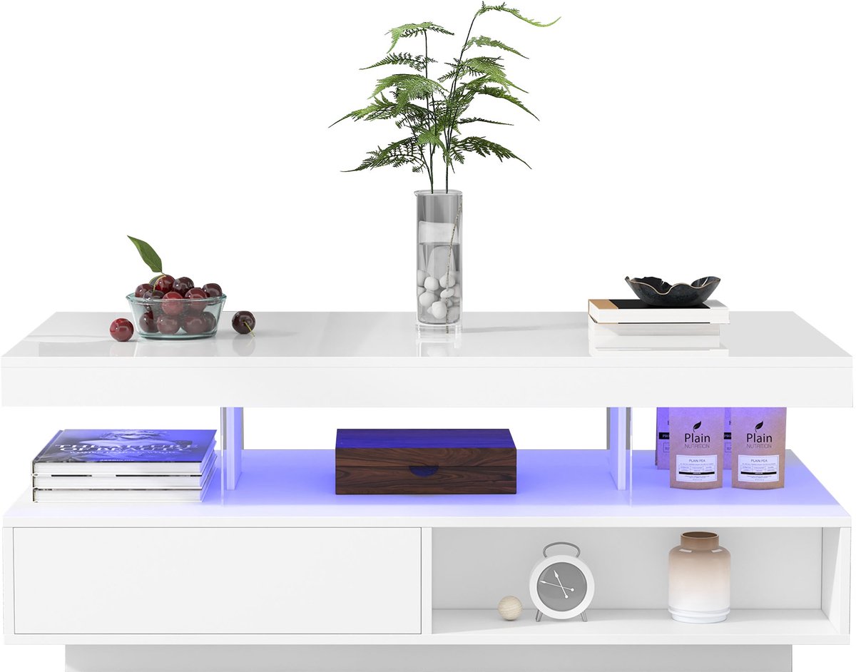 Merax Salontafel Hoogglans Wit 95x50x42,5 cm – 4 Glaspanelen – 2 Lades & 2 Open Vakken – Modern Design – Eenvoudige Montage