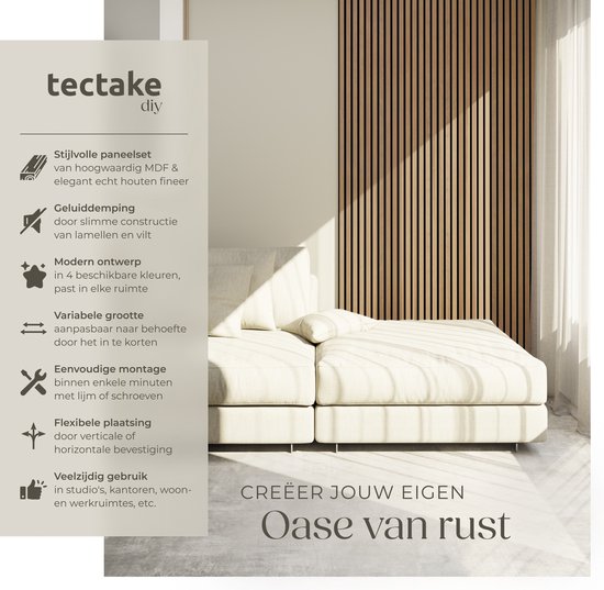 tectake® Akoestische Panelen - Set van 4 - Akoestisch Wandpaneel - 60 x 120 cm - 2,88 m² - Wandpanelen met Aanpasbare Grootte - Lattenwand van MDF en Houtfineer - Geluidsisolatie - Stijlvolle Wanddecoratie - Eenvoudige Montage - Eiken