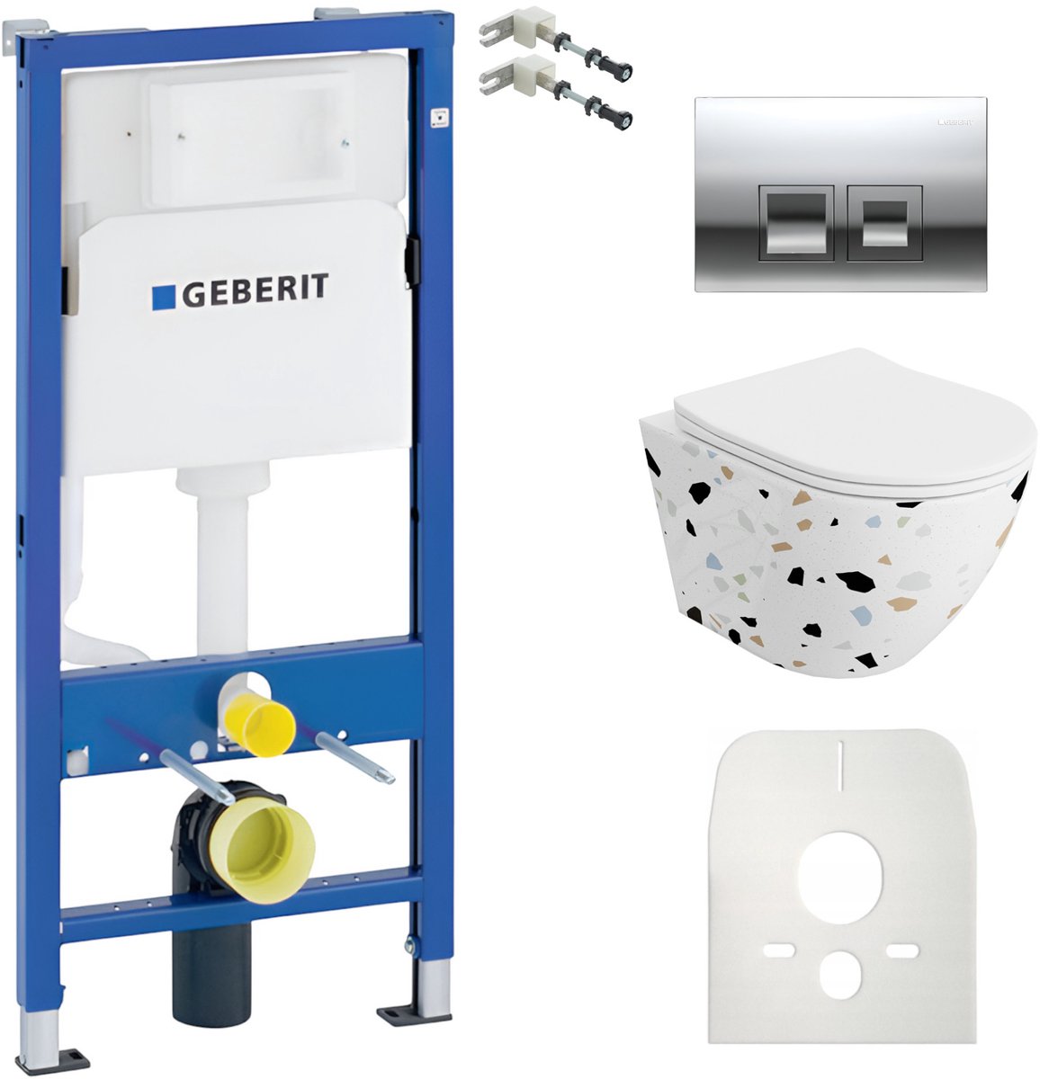 Inbouwreservoir Complete Toiletset Geberit Duofix Basic - Inbouw WC Hangtoilet Wandcloset SOFI SLIM STONE Wit Mat - Bedieningsplaat DELTA Chroom Vierkant - Voorwandelement - Installatiesysteem
