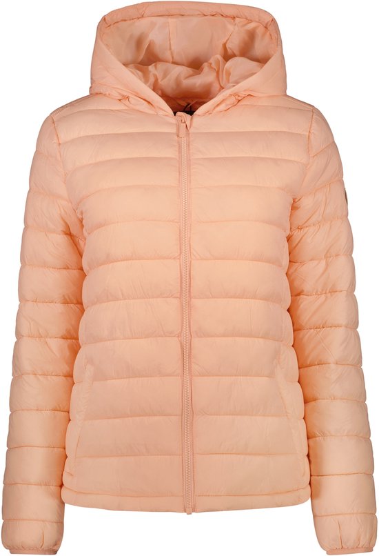 Doudoune Cars Jeans rose pâle à capuche, fermeture éclair et panneaux horizontaux, présentée sur fond blanc.