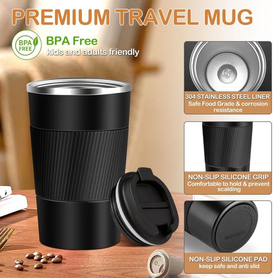 Reisbeker - 380 ml geïsoleerde koffiemok - herbruikbare koffiemok reisbeker - geïsoleerde vacuüm roestvrijstalen waterfles - draagbare koffiemok - lekvrije deksel - geschikt voor auto, buiten, picknick, kantoor - Donkerbruin - 13.5*7cm — afbeelding 2