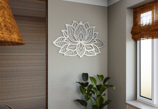 iwa concept - Mandala en métal - Décoration murale - Décoration murale fleur de lotus - Cadeau de pendaison de crémaillère - Plaque murale en métal - Argent - 67x43 cm