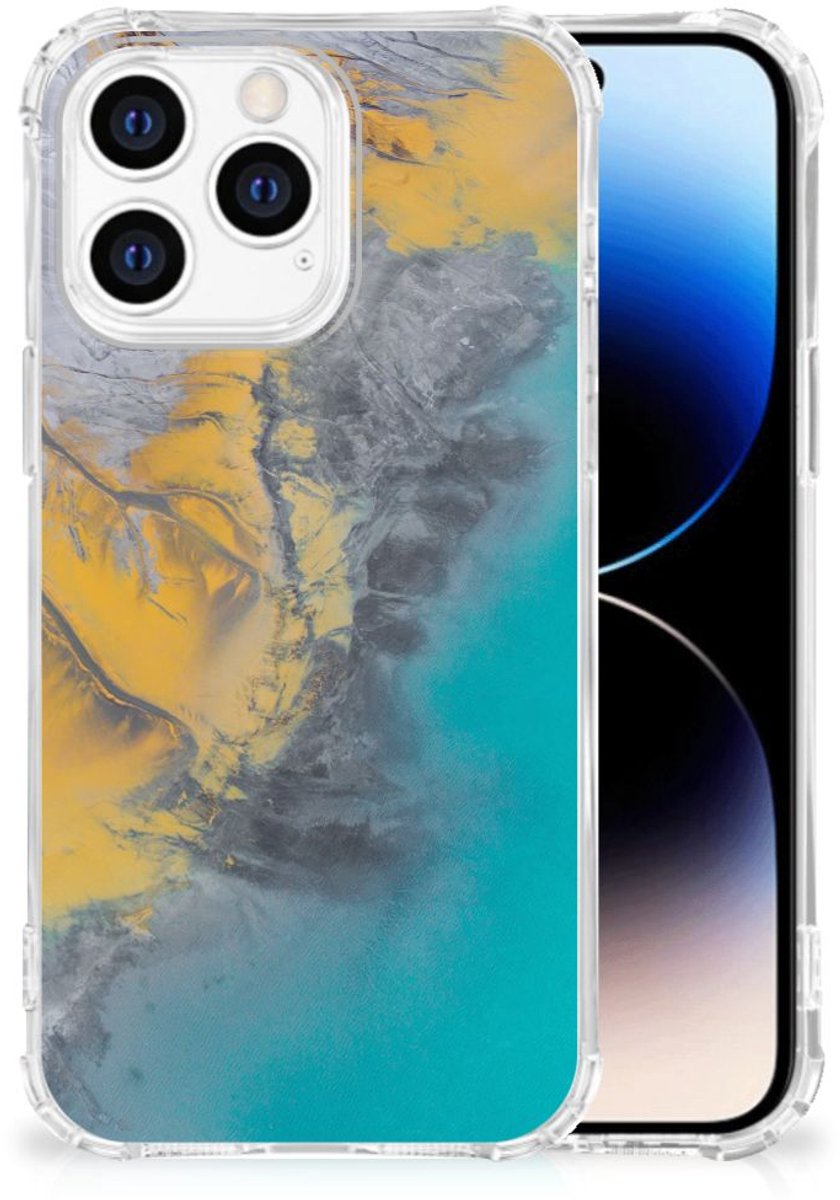 iPhone 14 Pro Anti-Shock Hoesje Marble Blue Gold