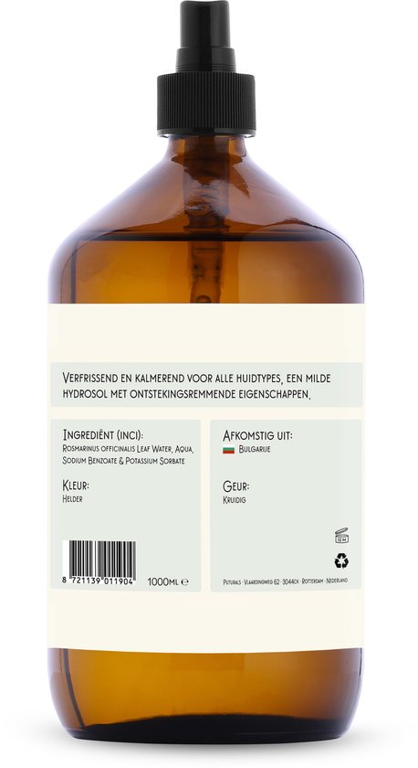 Amberkleurige glazen sprayfles van 1000 ml met een lichtgekleurd etiket met tekst over ingrediënten en herkomst uit Bulgarije.