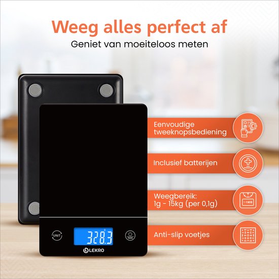 Digitale Precisie Keukenweegschaal – Weegschaal Keuken - Nieuw 2026 Model - 1gr-15kg – 0.1gr Nauwkeurigheid - Tarra Functie - Zwart