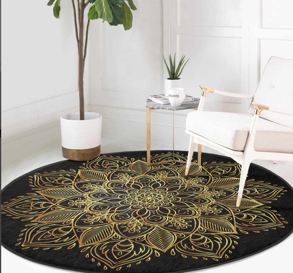 Rond Vloerkleed Ø100cm - Wasbaar Antislip Laagpolig Tapijt - Gold Mandala op Zwart