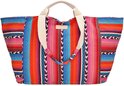 Grote tas met opvallende strepen in oranje, fuchsia, blauw en zwart. Beige hengsels.
