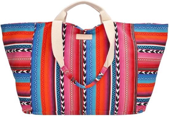 Grote tas met opvallende strepen in oranje, fuchsia, blauw en zwart. Beige hengsels.