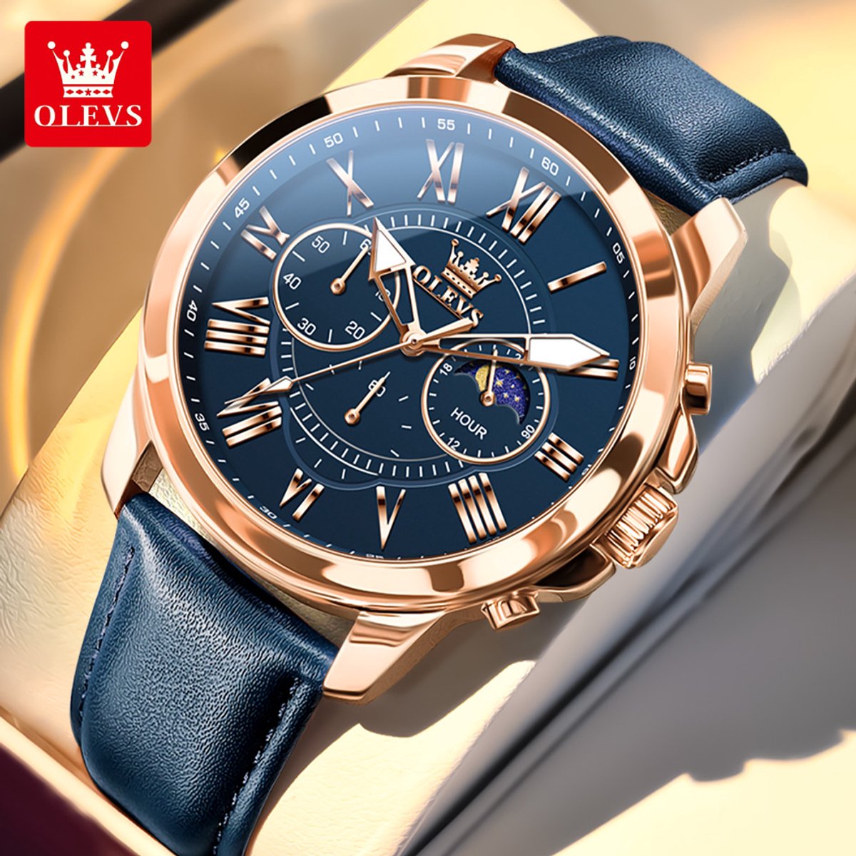 HO-3632.bl-rs : Olevs rosérkl edelstaal chronografisch quartz horloge, blauwe wijzerplaat, blauwe genuine lerenband, uren minuten maanfase -aanduiding
