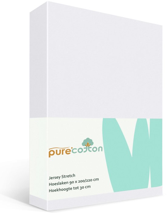Witte verpakking van Beterkatoen met 'purecotton Jersey Stretch' label. Hoeslaken 90x200/220cm, hoekhoogte tot 30cm.