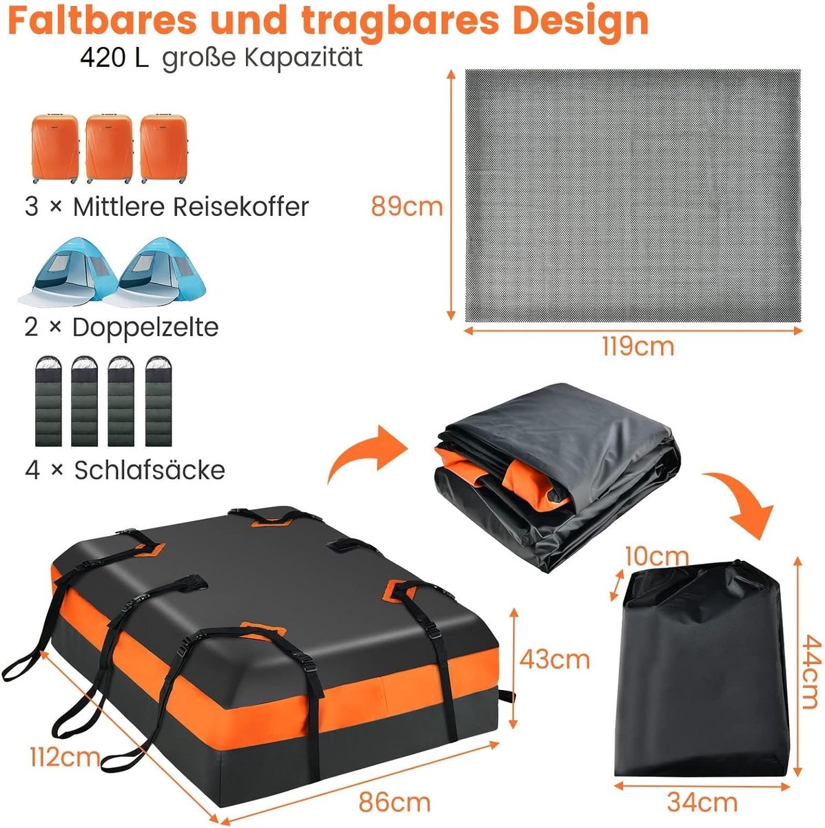 COSTWAY 450 l dakkoffer voor auto, waterdichte dakkoffer met cijferslot, 6 deurhaken, antislipmat en draagtas, opvouwbare bagagebox voor alle voertuigen met/zonder bagagedrager, zwart – foto 3