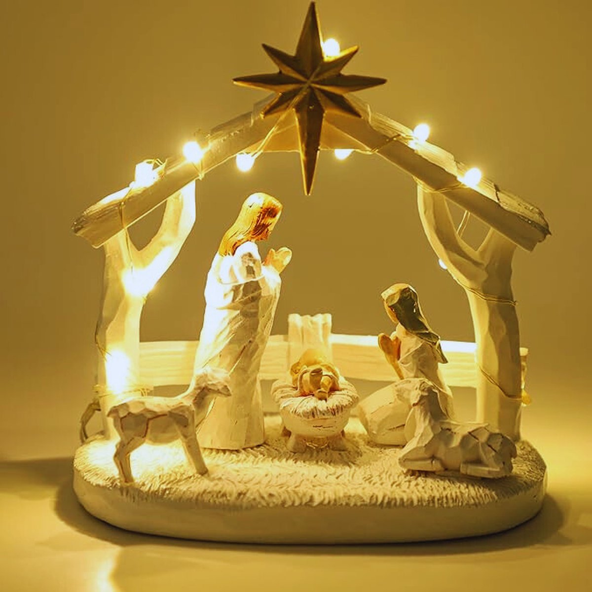 Complete Kerststal Set Met Kribbe En LED Lichten Voor Binnen - Hars Kerstdecoratie Met Figuurtjes En Kerstversiering