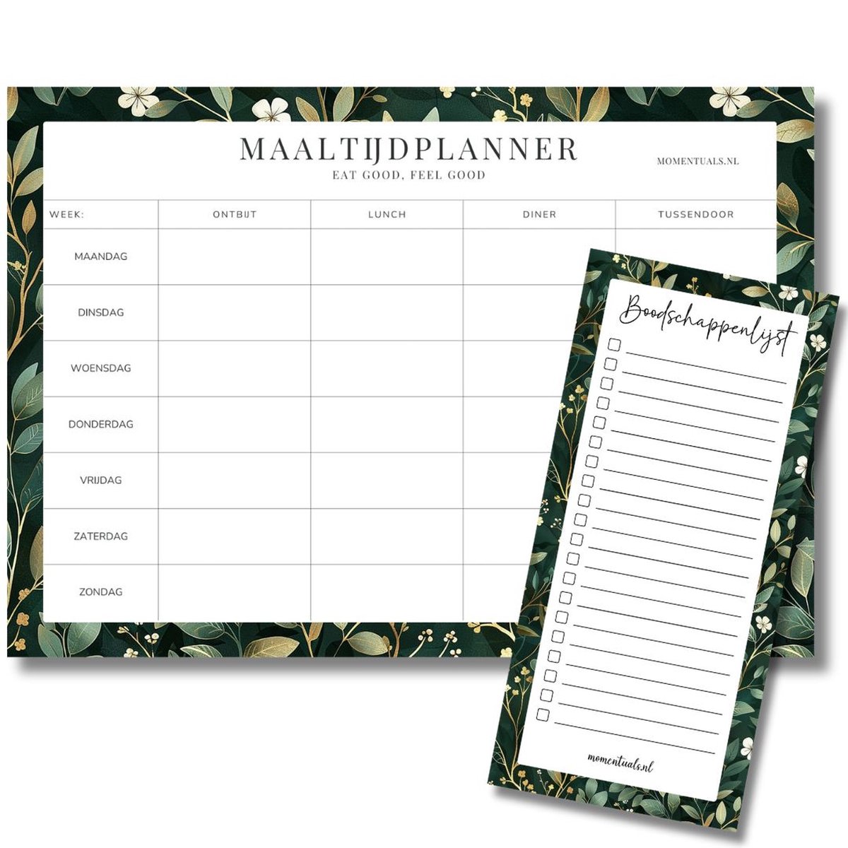 Luxe Maaltijdplanner A4 + Boodschappenlijstje Bundel - 50 vellen - Afscheurbaar - Weekmenu - Meal Planner - Groen & Goud Set