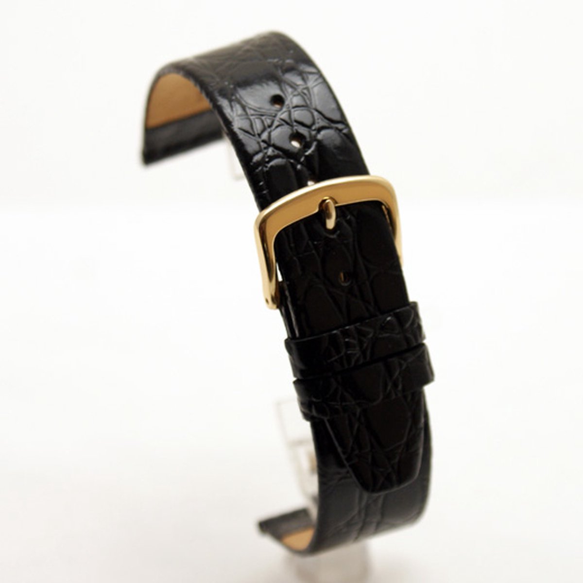 Horlogeband-horlogebandje-14mm-echt leer-croco look-zwart-zacht-plat-goudkleurige gesp-leer-14 mm