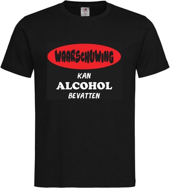 Foto: T shirt unisex volwassenen lol carnaval kermis feestje grappig tekst waarschuwing kan alcohol bevatten op voorkant korte mouw zwart wit rood maat l
