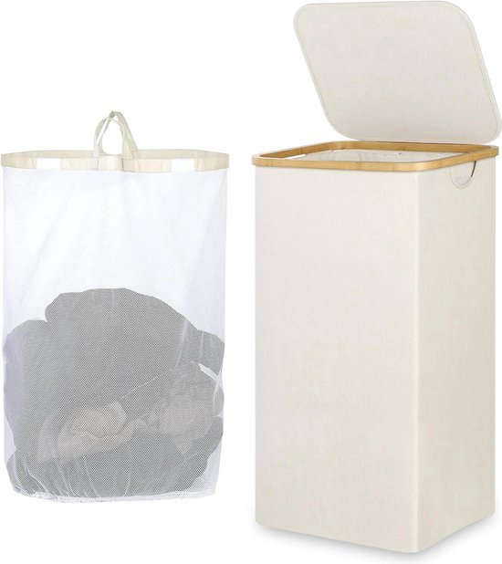 COSTWAY Wasmand met deksel groot, 80L wasverzamelaar van bamboe, wasbox met waszak uitneembaar & wasbaar, wasmand waskast voor badkamer, slaapkamer, woonkamer