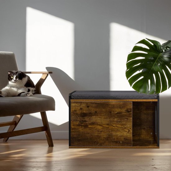 Relaxdays kattenkast op pootjes, HBD: 96x75x40cm, kattenhuis voor binnen, kattenvilla, halfopen design, natuur/wit