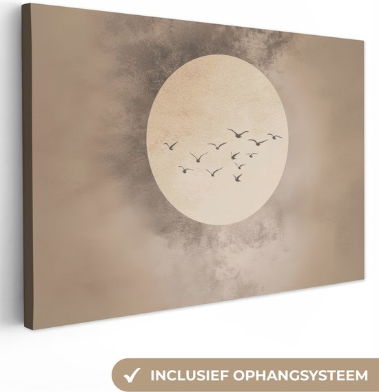 Canvas schilderij 120x80 cm - Exclusieve wanddecoratie Vogel - Beige - Japandi - Muurdecoratie woonkamer - Slaapkamer decoratie - Kamer accessoires - Schilderijen op canvas