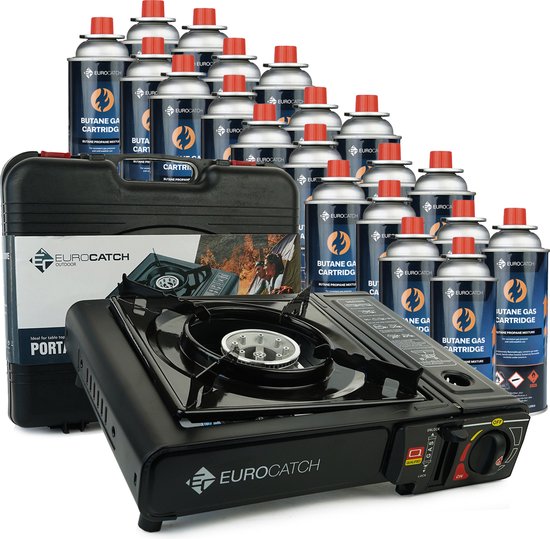 Eurocatch Outdoor – Kooktoestel op Gas – incl 20 Butaan Gasbussen – Gas Stove – Camping Kooktoestel – Gaspit – Gasfornuis – Gasstel – Cooker – Draagkoffer