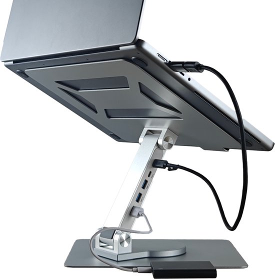 Ironwill® Essentials – Laptop Standaard – Geïntegreerde USB-Hub – Verstelbaar & 360° draaibaar – Silver | Space Grey