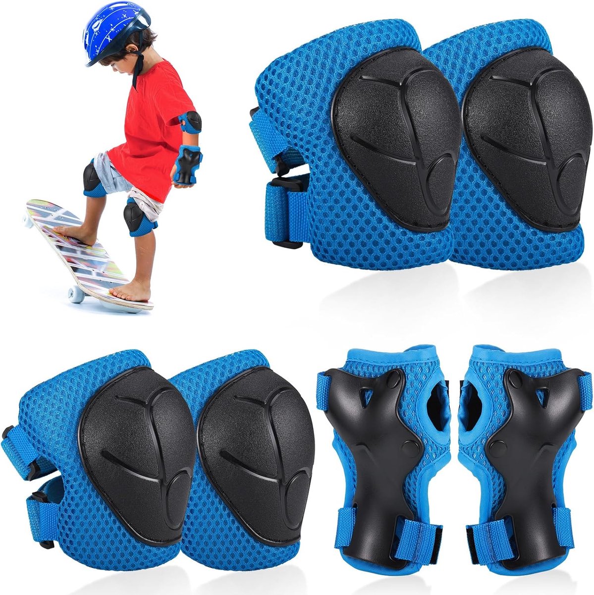 6-delige set – kinder kniebeschermers、elleboogbeschermers、polsbeschermers -ademende beschermingsset van PE kinderen en jongeren – voor skaten, steppen, skateboarden, fietsen – blauw