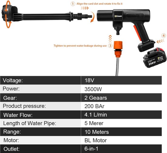 SimpleStore Draadloze Hogedrukreiniger - Zwart- 200Bar - 6 in 1 - 2 accu's - Elektrisch - Hogedrukreinigers - Hogedrukreiniger auto/tuin van SimpleStore — afbeelding 2