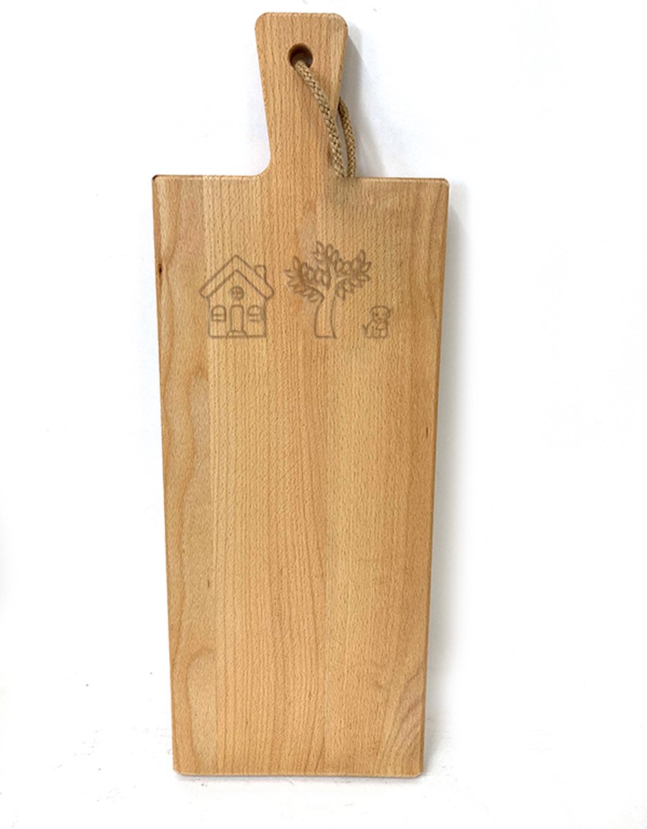 Grote borrelplank / snijplank met tekst gravure HUISJE-BOOMPJE-BEESTJE. Cadeau-bruiloft-trouwdag-samenwonen. Het formaat is 20x56cm