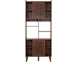 Cosmo Casa - Boekenrek - Boekenkast Hoog Met Schuifdeur - 8 Opbergvakken - Mango Massief Hout MDF - 178x75x35cm - Walnootlook
