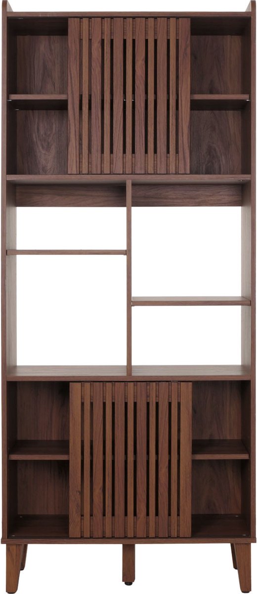 Cosmo Casa Boekenrek - Boekenkast Hoog Met Schuifdeur - 8 Opbergvakken - Mango Massief Hout MDF - 178x75x35cm - Walnootlook Bruin