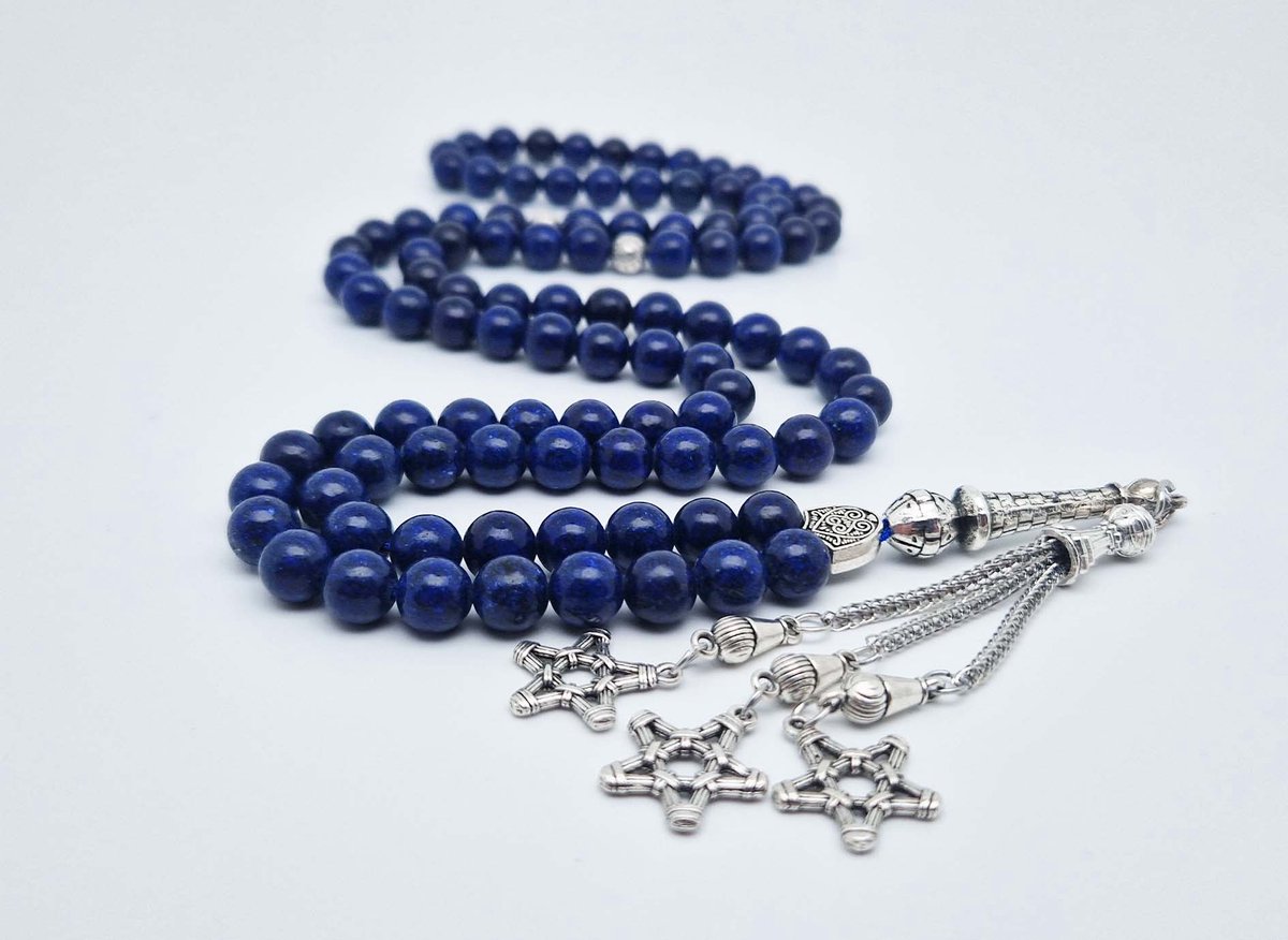 Handgemaakte tesbih "Tasbih" natuursteen " Azuur" - Aantal kralen 99 - Diameter kralen 8MM - met metaal tassel "Grote sterren" - Een mooi cadeau-idee