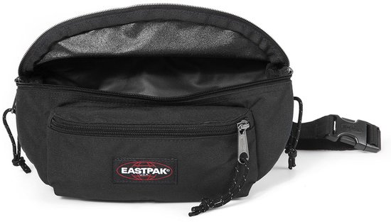 Sac banane Eastpak noir, poche avant zippée, compartiment principal ouvert, boucle.