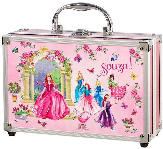 Roze koffer met afbeeldingen van prinsessen, bloemen en vlinders. Met de tekst 'Souza!' erop.