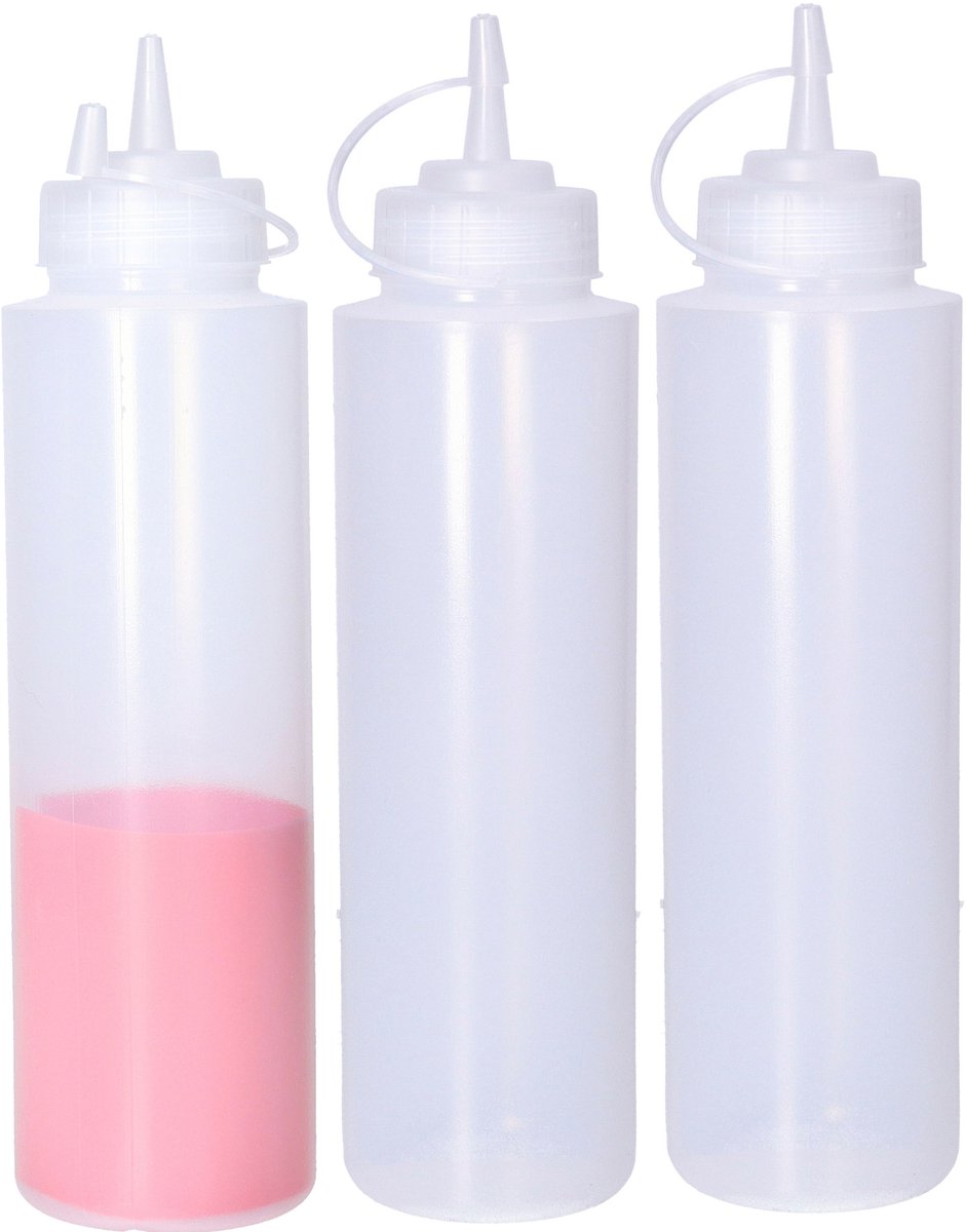 CM Doseerfles/sausfles transparant - 3x - kunststof - met schenktuit - 750 ml - 28 x 7 cm - Pannenkoeken/poffertjes